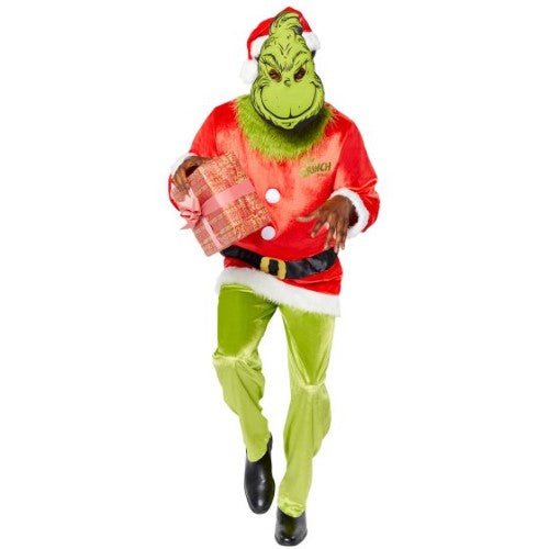 Men's Large Grinch Costume featuring green top, comfy trousers, whimsical mask, and classic red hat for festive celebrations.