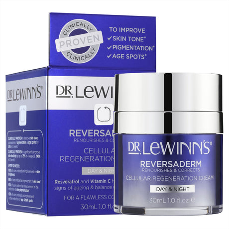 Dr. LeWinn's Reversaderm Cellular Regeneration Cream (30mL) for youthful skin, enriched with Resveratrol and Vitamin C.