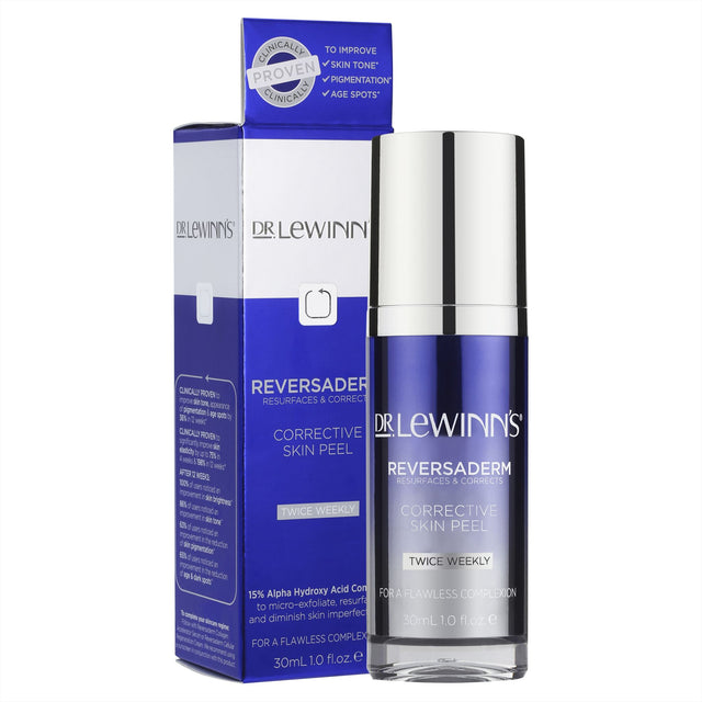 Dr. LeWinn's Reversaderm Skin Peel in a 30mL bottle, featuring 15% AHA for overnight exfoliation and skin rejuvenation.