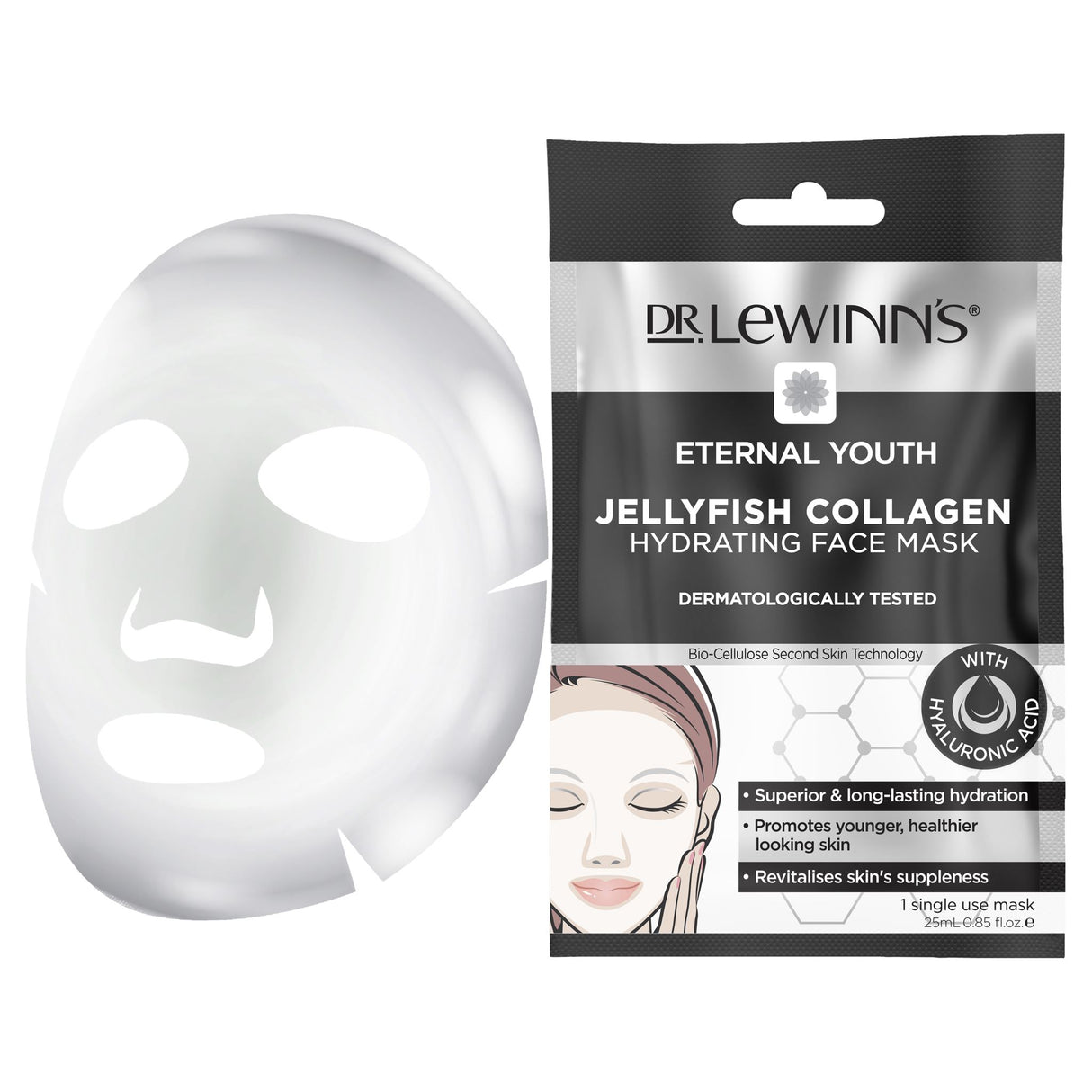 Hydrating face mask with Jellyfish Extract for youthful skin, using Bio-Cellulose for a perfect second-skin fit.