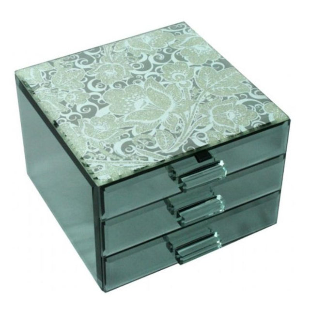 Elegant mirrored jewellery box with 2 drawers, felt-lined compartments, and ring storage for organizing accessories.