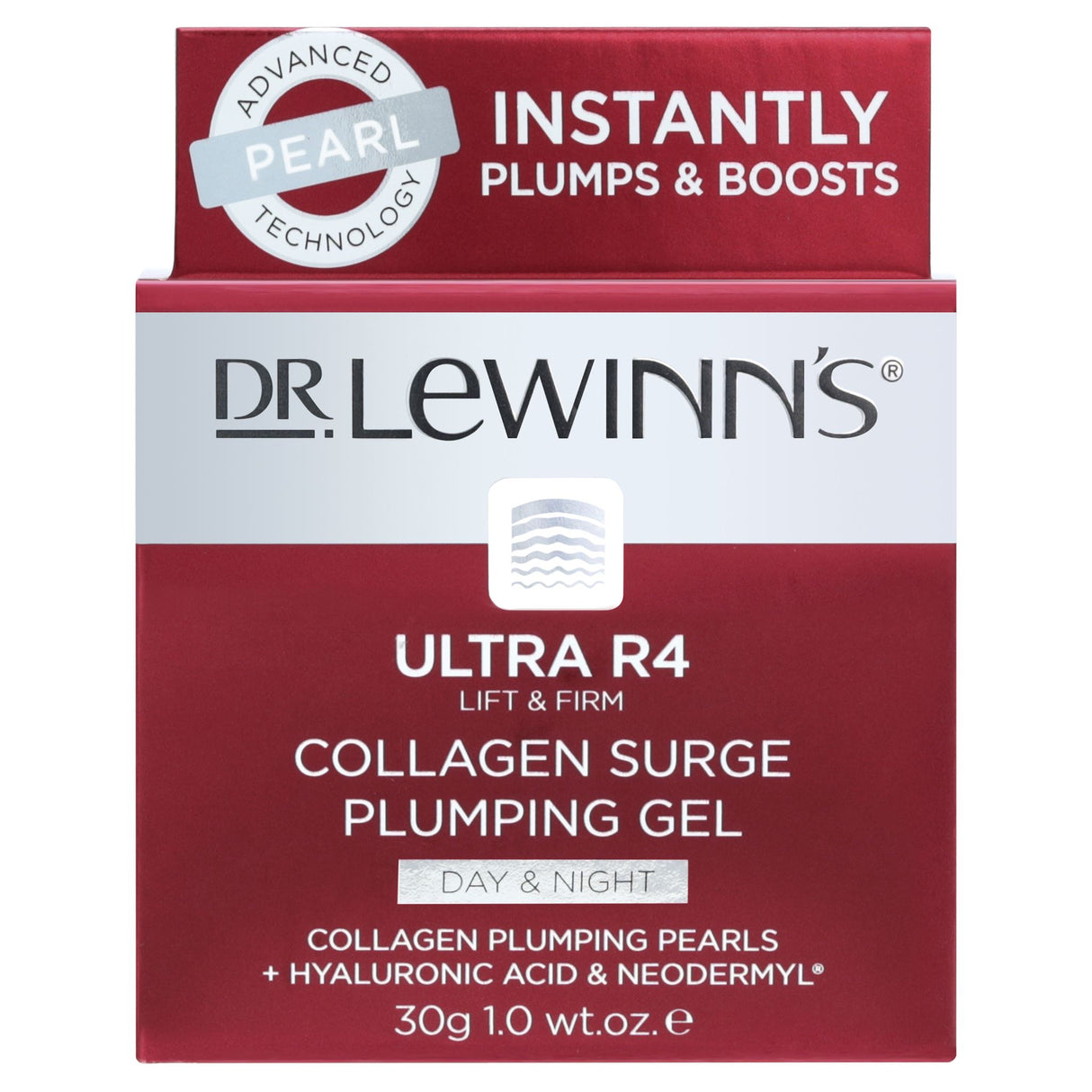 Dr. LeWinn's Ultra R4 Collagen Surge Plumping Gel 30g, a luxurious gel with collagen pearls for deep hydration and youthful skin.