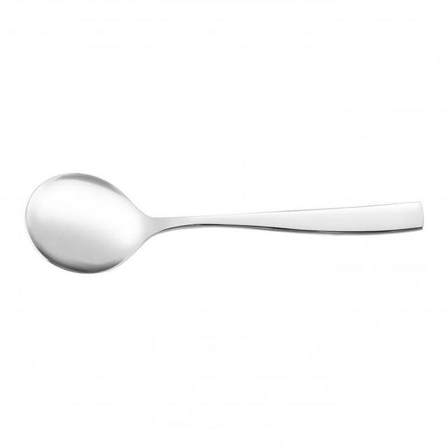 Polished 18/10 stainless steel soup spoon from Wilkie Brothers, featuring elegant design and stain-resistant finish.