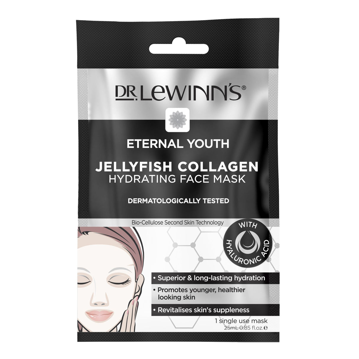 Dr. LeWinn's Jellyfish Collagen Face Mask offers intense hydration and youthful skin with Bio-Cellulose technology for a perfect fit.