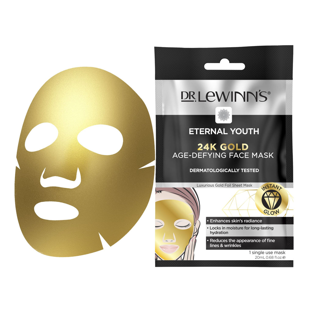 Luxurious Dr. LeWinn's 24K Gold Age-Defying Face Mask for hydration, brightening, and reducing fine lines, delivering a youthful glow.