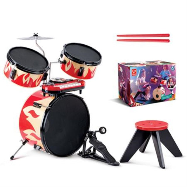 Colorful Hape Drum Set for kids, perfect for developing rhythm and coordination, made from sustainable materials.