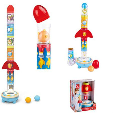 Colorful Hape Rocket Ball Air Stacker toy with clear tube and fan, designed for exploring balance and airflow for toddlers 2+.