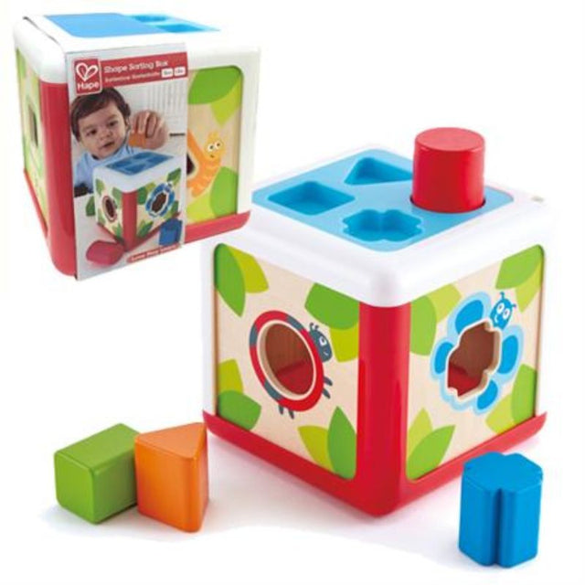 Colorful Hape Shape Sorting Box with garden creature pegs for teaching shape recognition and problem-solving skills.