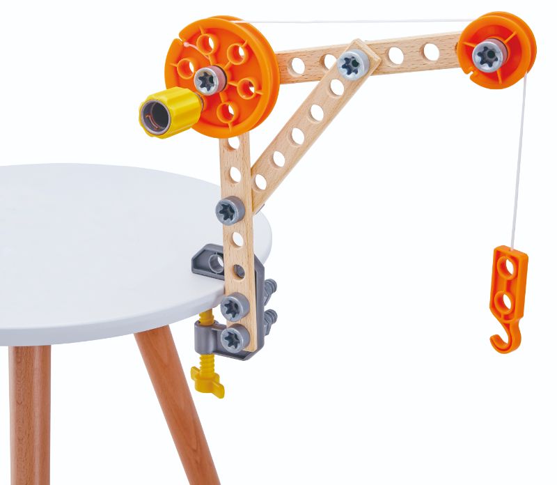 Hape Three Experiment Kit for kids 4+, includes a mechanical grabber, crane, and climbing frog.