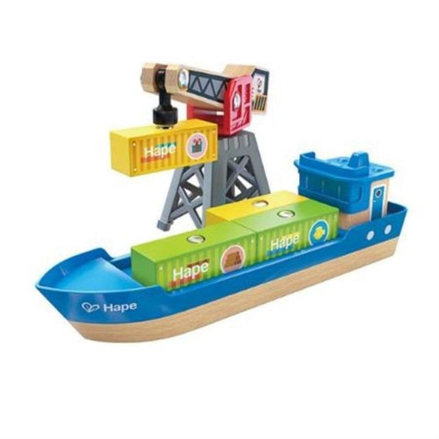 Colorful Cargo Ship & Crane playset featuring a working magnetic crane and blocks, designed for imaginative play and skill development.