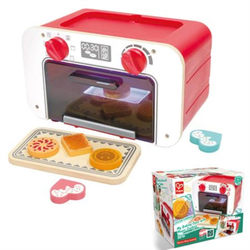 Colour-changing oven playset featuring an oven, tray, and six cookies that change color when "baked."