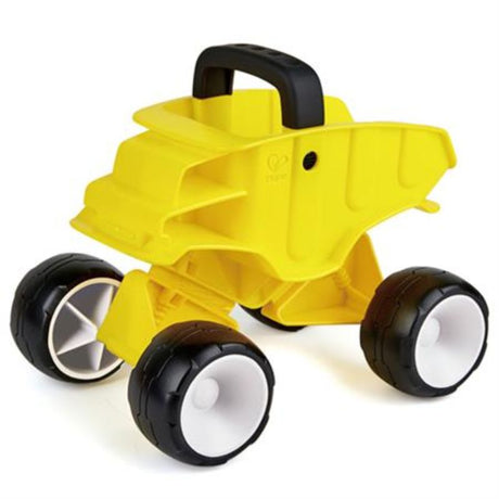 Hape Dump Truck in vibrant yellow, a sturdy wooden toy fostering imaginative play and fine motor skills for kids 12 months+.