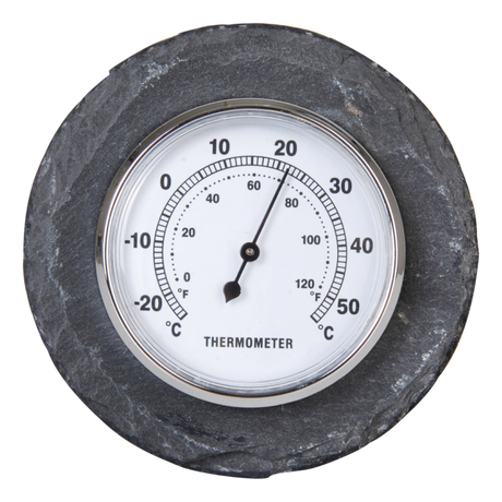 Slate Round Thermometer (12cm) with easy-to-read dial in Celsius and Fahrenheit, featuring a stylish slate edge and gift packaging.