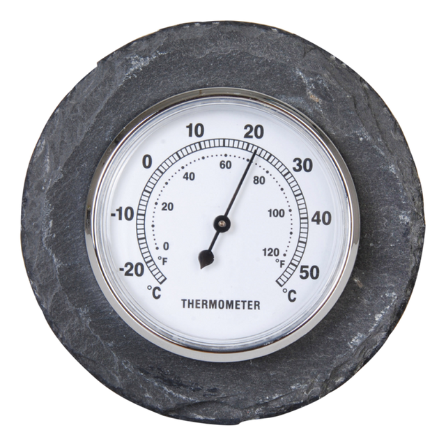 Slate Round Thermometer (12cm) with easy-to-read dial in Celsius and Fahrenheit, featuring a stylish slate edge and gift packaging.