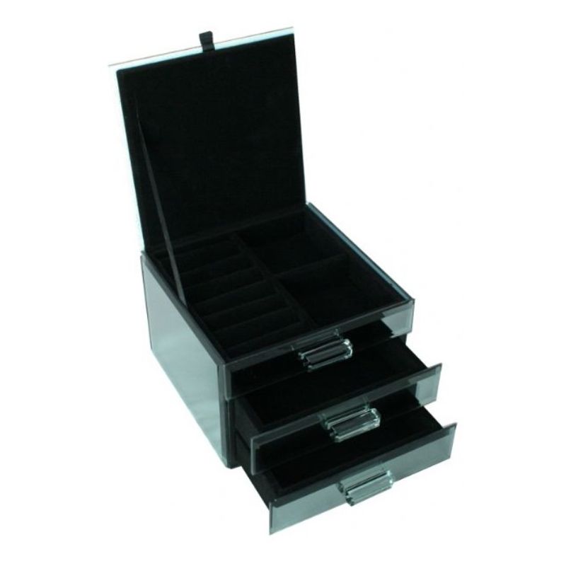 Elegant Glam Glitzi jewellery box with mirrored surface, top compartment, ring storage, and two felt-lined drawers.