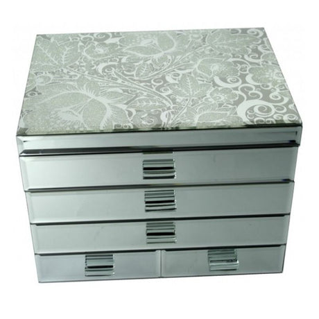 Extra large Glam Glitzi jewellery box with mirror, 3 compartment top storage, felt lining, and 4 drawers.