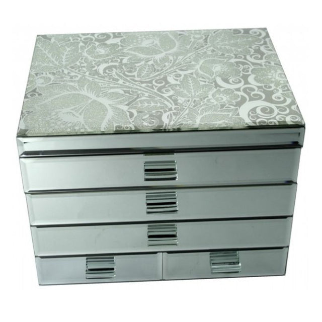 Extra large Glam Glitzi jewellery box with mirror, 3 compartment top storage, felt lining, and 4 drawers.