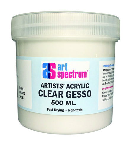 Clear matte gesso in a 500ml bottle, perfect primer for painting projects on canvas, wood, and mixed media.