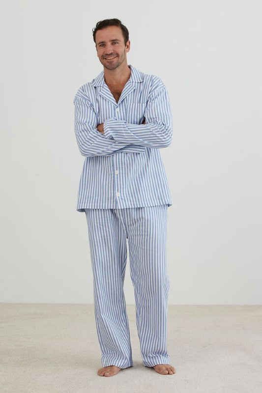 Classic blue and white stripe pyjama set for women, featuring a long sleeve top, elasticated pants, and pockets.