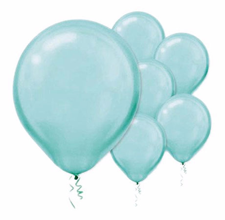 Pack of 15 28cm pearl robin's egg blue latex balloons, perfect for elegant celebrations and versatile party decorations.
