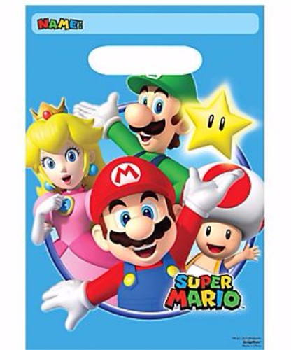 Vibrant Super Mario Brothers loot bags featuring Mario, Luigi, and Peach, perfect for parties and gaming events. Pack of 8.