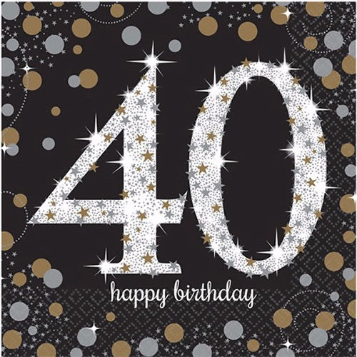 Sparkling Black 40th Birthday Lunch Napkins - Pack of 16