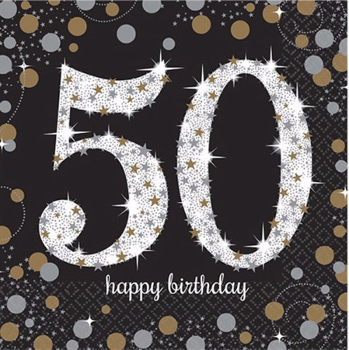 Sparkling Black 50th Birthday Lunch Napkins - Pack of 16