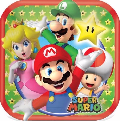 Pack of 8 Super Mario Brothers square luncheon plates featuring vibrant designs for fun birthday parties and gatherings.