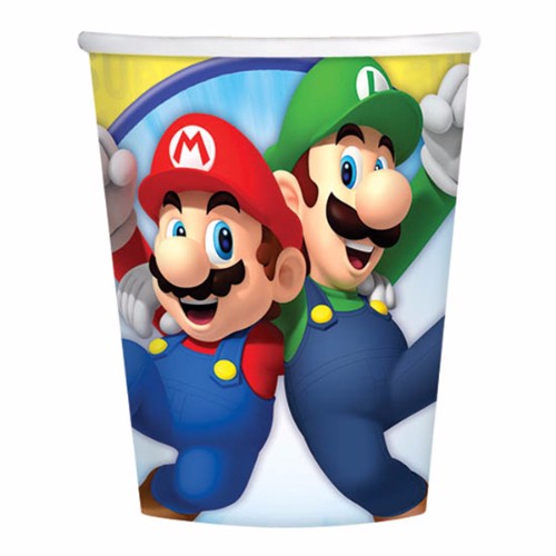 Super Mario-themed paper cups, 266ml, pack of 8, featuring Mario, Luigi, and Princess Peach for party fun.