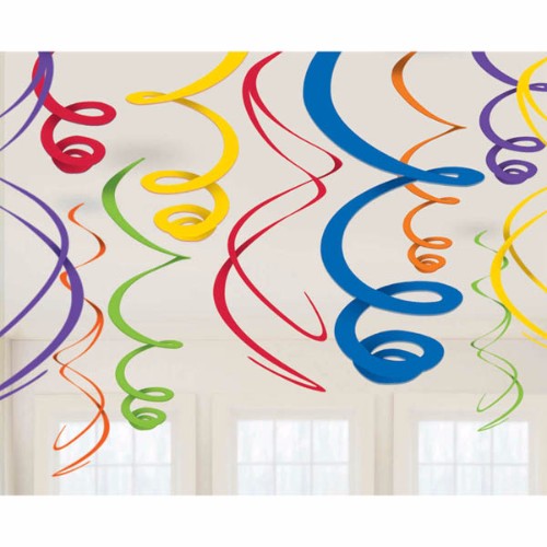 Vibrant pack of 12 assorted primary color hanging swirls, each 55.8cm long, perfect for lively party decor.