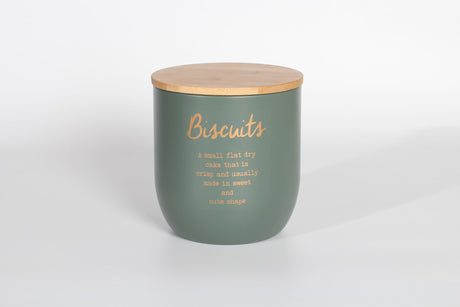 Stylish Rockingham biscuit tin in gray/green with gold lettering, eco-friendly bamboo lid, and food-safe metal design.