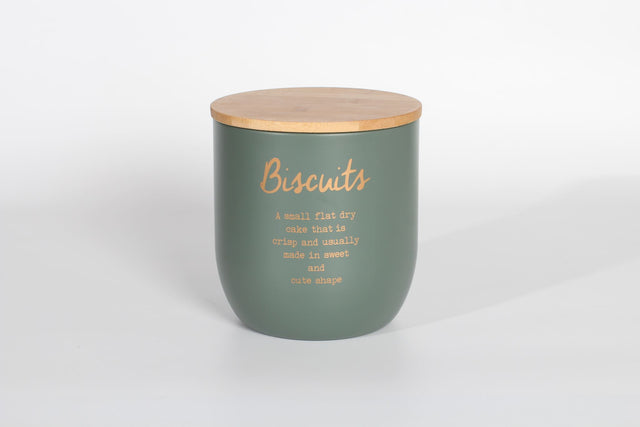 Stylish Rockingham biscuit tin in gray/green with gold lettering, eco-friendly bamboo lid, and food-safe metal design.