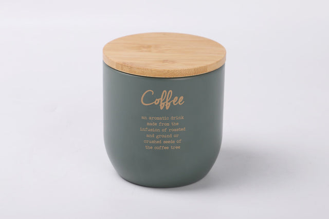 Stylish gray-green metal coffee tin with gold lettering, bamboo lid, and airtight seal for fresh coffee storage.