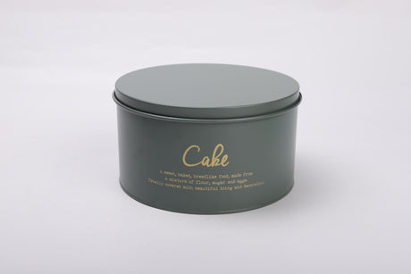 Medium 21cm Rockingham cake tin in gray/green with gold lettering, durable steel for baking and safe storage.