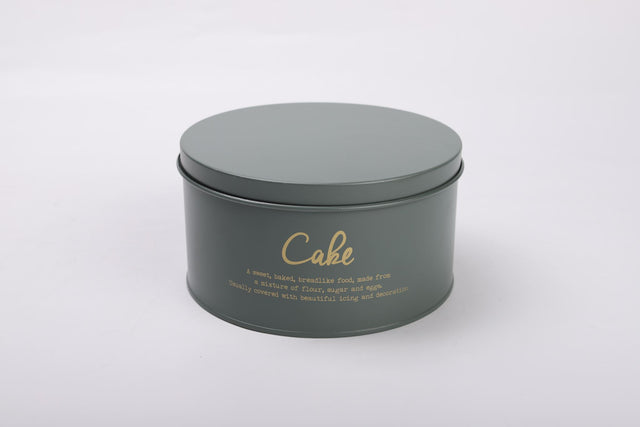 Compact 18cm Rockingham cake tin in gray-green with gold lettering, ideal for baking layered cakes and cheesecakes.