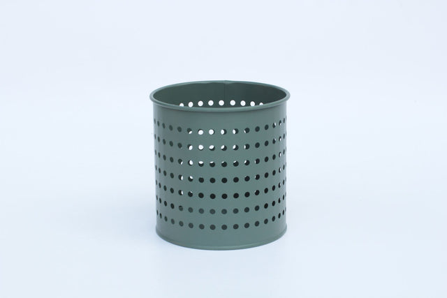 Stylish gray/green utensil holder made of durable galvanized steel, featuring holes for ventilation and ample storage space.