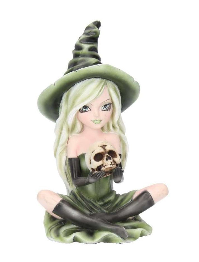 A 16cm resin ornament of a green witch holding a skull, perfect for adding mystical charm to home decor.