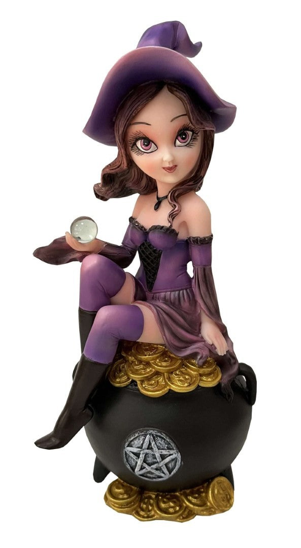 Whimsical 20cm witch ornament sitting on a cauldron, crafted from resin, perfect for Halloween decor.