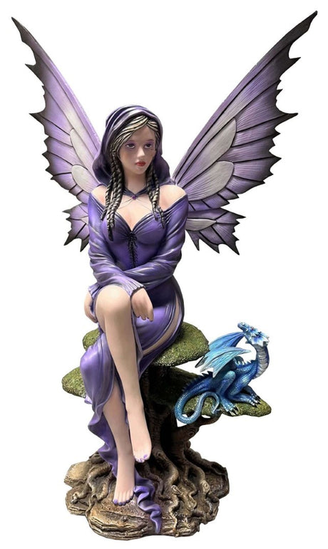 Sitting purple fairy with blue dragon ornament, 56 x 33 x 24 cm, adds whimsy and charm to any decor.