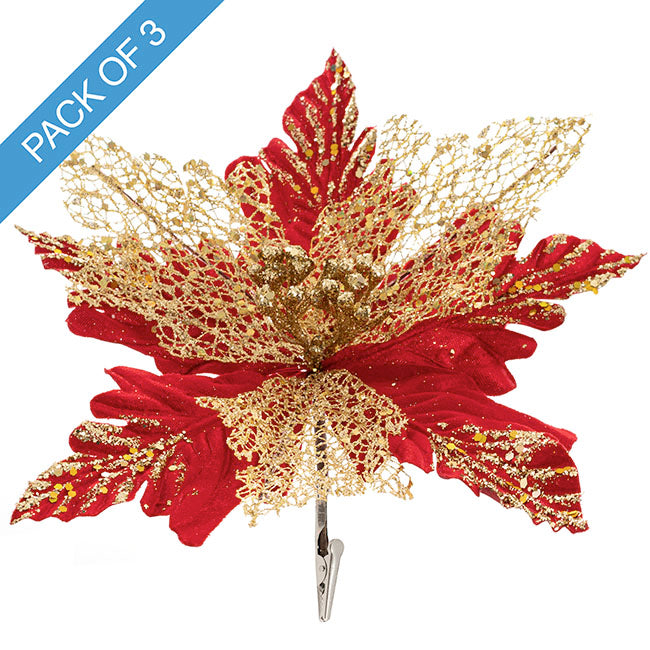 Poinsettia Flower Clip Pack 3 Red & Gold