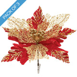 Poinsettia Flower Clip Pack 3 Red & Gold