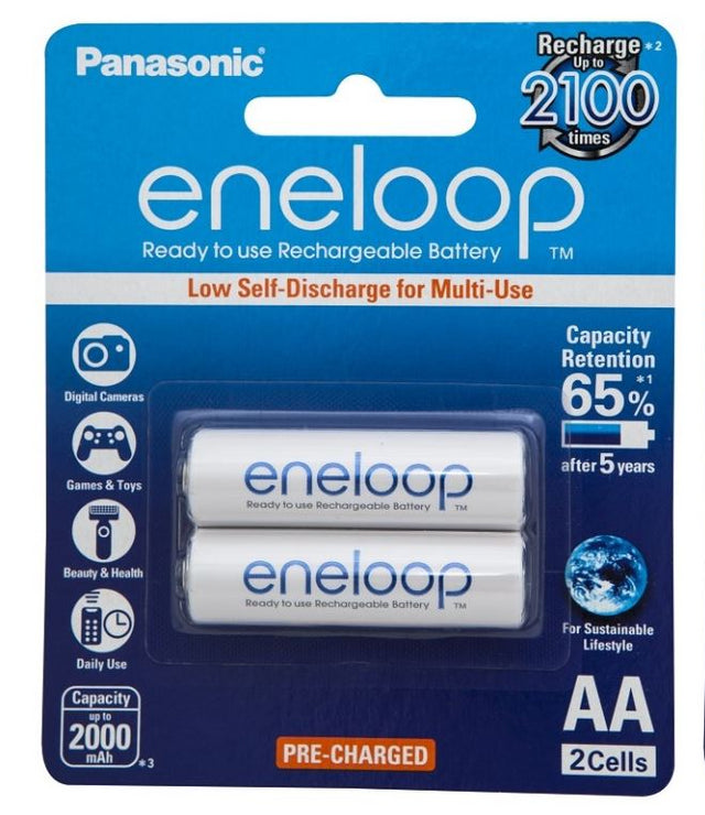 Panasonic AA rechargeable batteries x 2, 800mAh capacity, eco-friendly, reusable up to 2100 times, ideal for various devices.