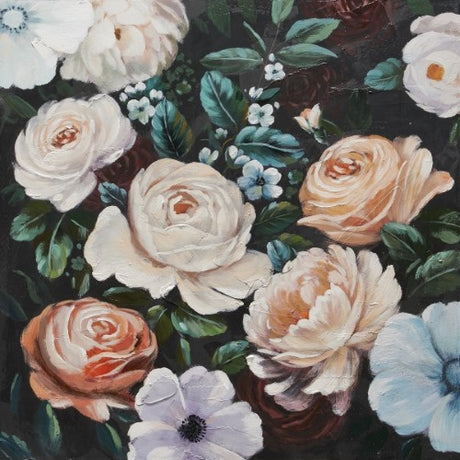 Vibrant Floral/Black Flower painting showcasing detailed blooms on a sleek black canvas, perfect for enhancing any space.