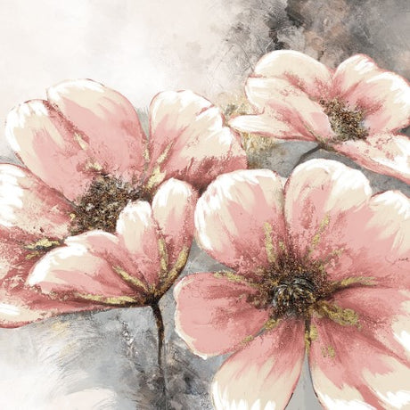 Hand-painted pink and gold flower painting in silver frame, adding elegance and vibrancy to any room's decor.