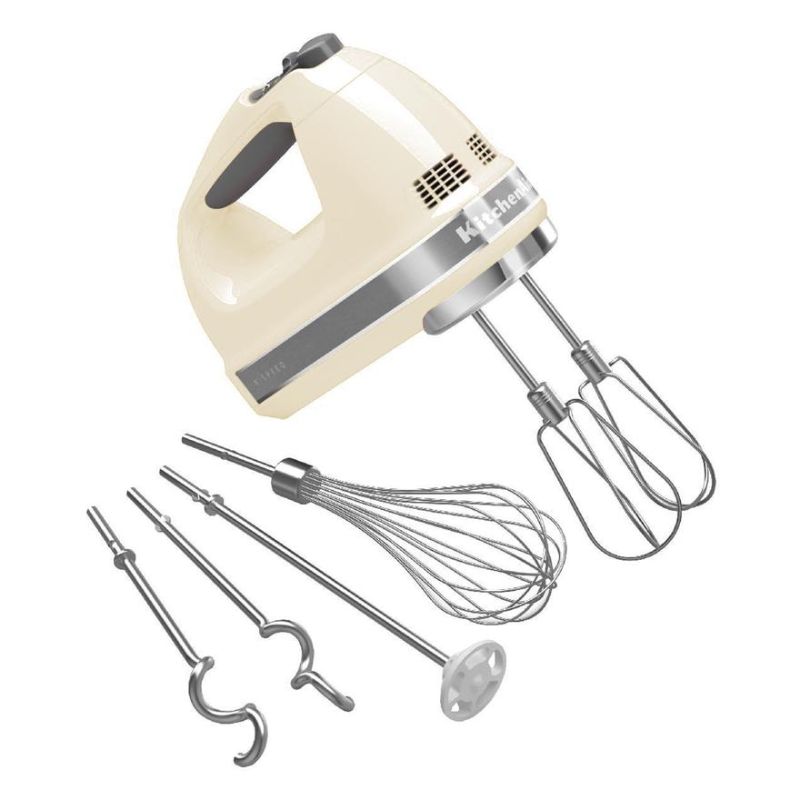 KitchenAid Artisan 9 Speed Hand Mixer in Almond Cream, featuring 9 speeds, stainless steel beaters, and versatile blending accessories.