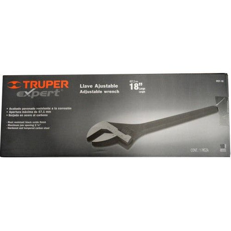 Truper 18" adjustable wrench in black oxide finish, featuring chrome vanadium steel, ergonomic design, and wide jaw capacity.