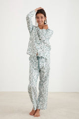 Classic green floral print PJ set, featuring a long sleeve top and elasticated waistband pants, made from 100% cotton.