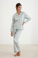 Classic green floral print PJ set with long sleeve top and elasticated waist pants, ethically made from 100% cotton.