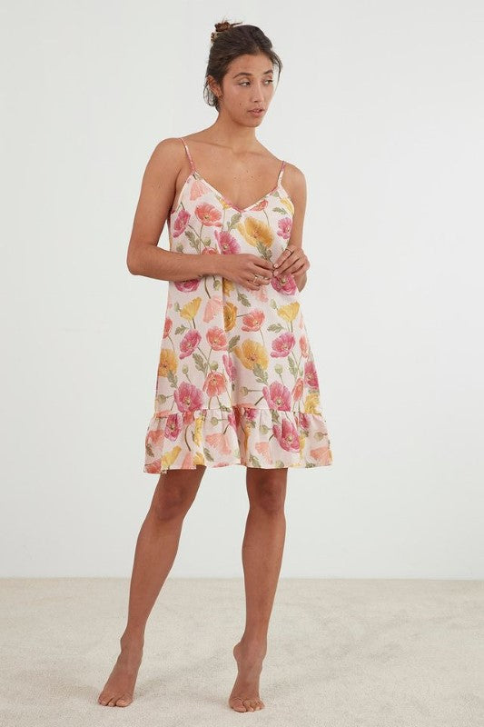 Delicate pink poppy-inspired nightie with adjustable straps, frilled hem, and OEKO-TEX® certified cotton voile.