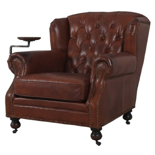 Vintage Cigar Brown armchair with button back and drink holder, perfect for adding elegance and comfort to any space.